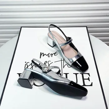 Босоножки во французском стиле с прямым носком, летние туфли на толстом каблуке, новинка 2023 года, серебристые женские туфли с полой задней частью, вечерние туфли на высоком каблуке