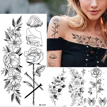Наклейка с искусственной татуировкой с черным цветочным узором для сексуальных женщин, временные татуировки с розами и пионами, водонепроницаемые татуировки с переносом воды для девочек, сделанные своими руками