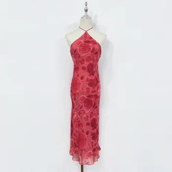 Сексуальное женское красное платье с бретельками на шее, Летнее модное платье с открытой спиной, Длинное платье с цветочным принтом для подиума 2023