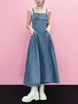2023 Летняя женская одежда Ретро Sweet Street Ruili Темперамент Стройное Повседневное Модное плиссированное выстиранное джинсовое платье королевского синего цвета