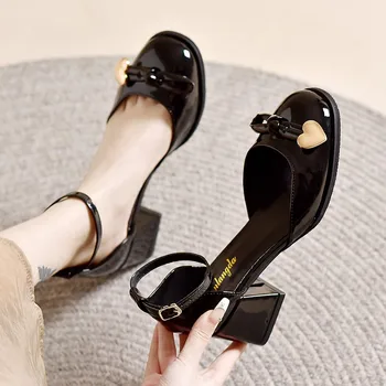 2023 Модная женская обувь, женские туфли-лодочки с пряжкой, осенняя однотонная обувь с круглым носком, женские туфли на низком массивном каблуке, Zapatillas De Mujer