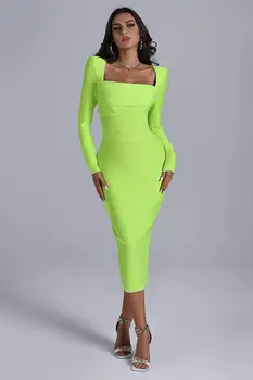 2023 Осенний Флуоресцентный Зеленый Квадратный вырез, Облегающее Бандажное платье до середины икры, Модная Женская вечеринка, Vestido High stree Wear