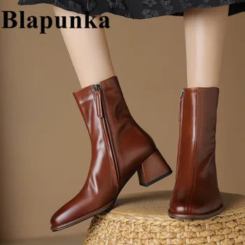 Blapunka/ Женские ботинки из натуральной кожи, высококачественные мотоциклетные ботинки на высоком каблуке, коричневые ботильоны ручной работы, женская черная обувь на молнии