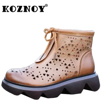 Koznoy 5 см, 2023 г., Женские ботинки из натуральной коровьей кожи, Летняя Открытая платформа, танкетка, молния на щиколотке, Дышащая модная женская обувь в стиле ретро