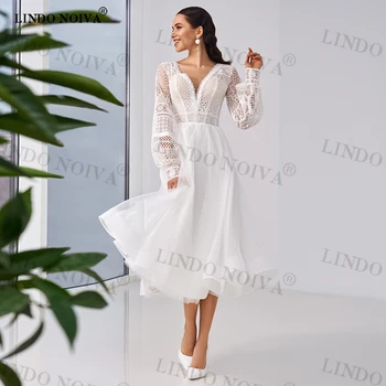LINDO NOIVA Элегантное кружевное свадебное платье с V-образным вырезом на пуговицах, чайной длины, с длинным рукавом-фонариком сзади, Короткое пляжное свадебное платье в стиле Бохо