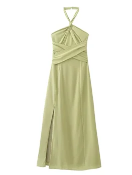 MESTTRAF Женская мода Y2K, Однотонное платье Миди с разрезом на шее, винтажные женские платья без рукавов с открытой спиной, Vestidos
