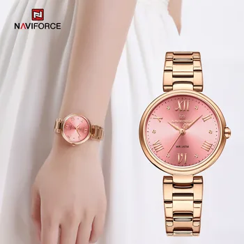 NAVIFORCE Новые женские часы из розового золота, роскошные наручные часы с ремешком из нержавеющей стали, кварцевые женские водонепроницаемые часы Relogio Feminino
