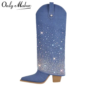 Onlymaker/ Женские синие сапоги до колена с острым носком, украшенные стразами, с откидным верхом, на массивном высоком каблуке