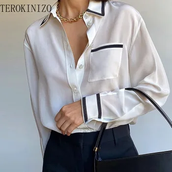 TEROKINIZO, Офисная женская модная блузка, женские рубашки контрастного цвета в стиле пэчворк, Темпераментные Рубашки, Женские свободные рубашки с длинным рукавом