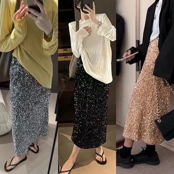 Wen Jiu 2023, новая юбка с блестящими пайетками, корейская версия верхней юбки с высокой талией и длинной повседневной юбкой с разрезом, юбка миди