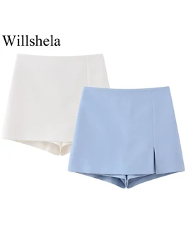 Willshela, женские модные Однотонные мини-юбки с разрезом спереди и боковой молнией, Шорты, винтажные женские шикарные шорты с высокой талией