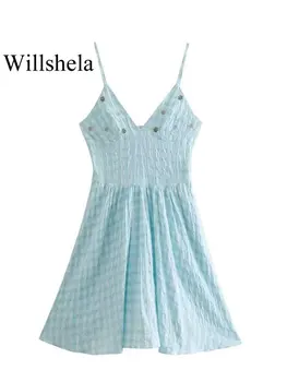 Willshela Женское модное мини-платье в синюю клетку с открытой спиной и застежкой-молнией, Винтажные тонкие бретельки с V-образным вырезом, Шикарные женские платья