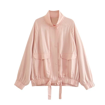 YENKYE 2023 Женская винтажная воздушная куртка-бомбер с карманами оверсайз, с длинным рукавом и высоким воротом, женская розовая осенняя верхняя одежда