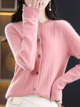 Весна-осень, 100% Мериносовая шерсть, Женский комфортный теплый вязаный свитер с круглым вырезом и длинным рукавом, однотонный классический кардиган, верхняя одежда
