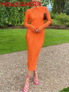 Высококачественная Женская модная уличная одежда с длинным рукавом, облегающее Оранжевое платье миди, повседневные однотонные платья с круглым воротом, плиссированные облегающие платья