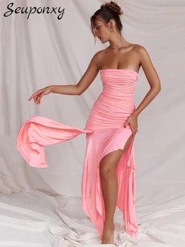Высококачественное Розовое драпированное Макси-платье 2023 Летнее Женское Сексуальное платье без бретелек с открытой спиной и высоким разрезом для вечеринки по случаю Дня рождения, Элегантное платье Vestidos