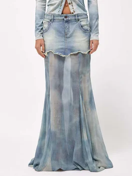 Джинсовая подиум для женщин, Новая летняя краска для галстуков, Шифоновая Лоскутная облегающая юбка-русалка, длинная джинсовая юбка Макси, дизайнер ZN290