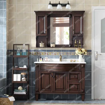 Дубовый шкаф для ванной комнаты, напольный умывальник в скандинавском стиле, Комбинированный шкаф для ванной комнаты, умывальник из массива дерева, зеркальный шкафчик
