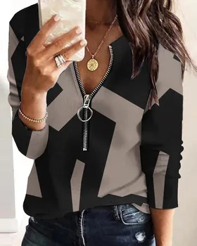 Женская блузка с модной цифровой печатью, повседневная рубашка на молнии с длинными рукавами, женские облегающие топы для работы, S-XXXL