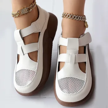 Женская летняя повседневная обувь с открытой платформой, сплошной крючок-петля на плоском каблуке, женская дышащая обувь, женские модные универсальные сандалии