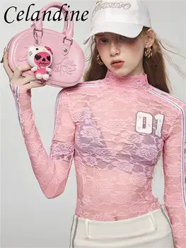 Женская футболка с цветочным принтом Celandine, повседневная Сексуальная Прозрачная Кружевная женская футболка, Розовый укороченный топ с длинным рукавом и буквенным принтом, Женская осенняя одежда Y2K
