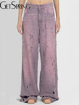 Женские джинсы GetSpring 2023, Осень, Высокая талия, Новые Фиолетовые Рваные прямые джинсы с дырками, Модные Свободные повседневные Длинные джинсовые брюки, Новые