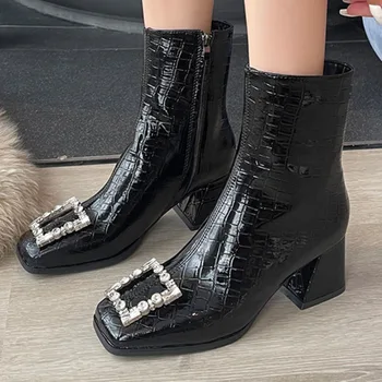 Женские кожаные ботинки с квадратным носком с каменным узором, женские стразы, зимняя обувь на высоком каблуке, модные вечерние черные ботильоны 
