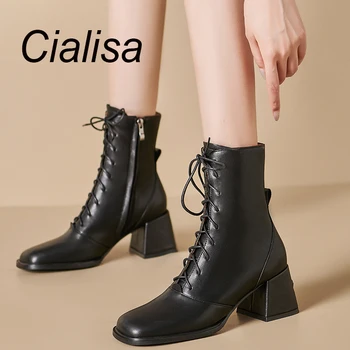 Женские короткие ботинки Cialisa с квадратным носком ручной работы на молнии и шнуровке из натуральной кожи, Осенне-зимняя обувь, Ботильоны на высоком каблуке 40