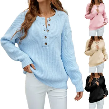 Женский модный свитер с круглым вырезом, однобортный однотонный пуловер, свитер