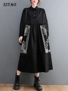 Женское платье-рубашка с винтажным принтом XITAO, индивидуальность, пэчворк, темперамент, Женское осеннее Свободное платье с длинным рукавом DMJ2332