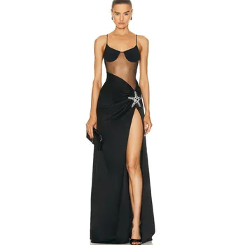 Женское черное Сексуальное длинное платье с открытой спиной 2023, Элегантное шелковое вечернее платье знаменитости с разрезом на бедрах