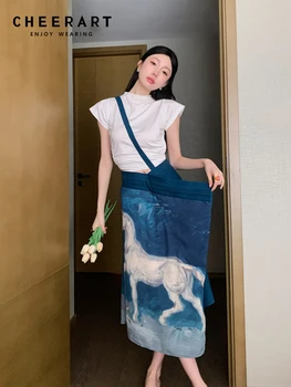 Картина маслом CHEERART, Синяя юбка на подтяжках для женщин, летняя асимметричная юбка с высокой талией, женская дизайнерская эстетичная одежда