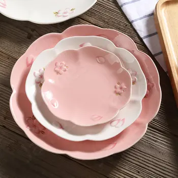 Керамическая тарелка С тиснением в виде вишневого цвета, Розовые Обеденные тарелки, Тарелки для стейков, пасты, торта, Десертные тарелки, Посуда для фруктовых овощных салатов