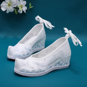 Китайская традиционная обувь Hanfu, старинные женские балетки, Белая повязка, скрытые каблуки, танкетка, Восточная Лолита, Вышитые облака, Журавли