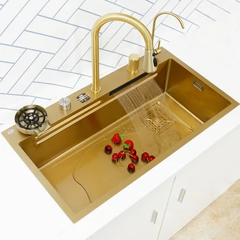 Кухонная раковина с водопадом, Золотая раковина из нержавеющей стали, многофункциональная раковина, Большая посудомоечная машина с одним выдувом, современный смеситель для умывальника