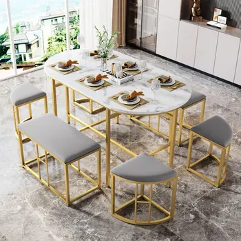 кухонный обеденный стол из стального каркаса, современный белый с золотом, 140 *70 * 76 см, грузоподъемность 120 кг