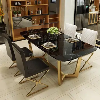 Легкий Роскошный Современный мраморный стол и стул для столовой, простая прямоугольная мебель для кухни из нержавеющей стали в Северной Европе