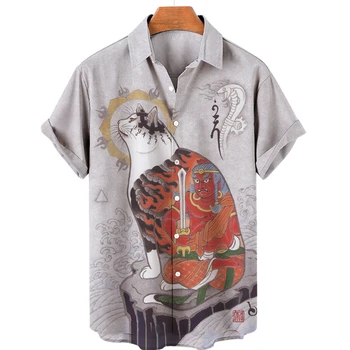 Летняя мужская рубашка с принтом Triad Tattoo Cats, повседневные однобортные блузки оверсайз, модные однобортные блузки Оверсайз, трендовые мужские рубашки с лацканами