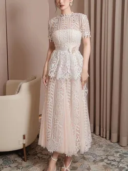Мода Custom водорастворимые кружева длинное платье для женщин вышивка крючком цветы 3D шифон цветок лоскутное белое платье партии