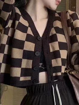 Модные вязаные свитера для женщин, винтажный кардиган во французском стиле с длинным рукавом, свободная милая клетка, 2023, Новые осенне-зимние пальто