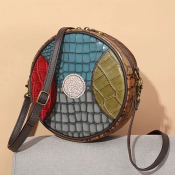 Модные женские кожаные сумки в стиле пэчворк, круглая дизайнерская сумка для женщин, сумка через плечо, маленькие сумки через плечо из натуральной кожи