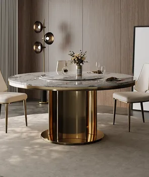 Мраморный круглый стол Комбинация круглого стола и стула Легкий Роскошный обеденный стол из титана в постмодернистском стиле