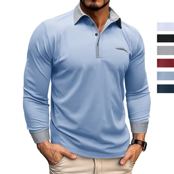 Мужская осенняя футболка-поло с длинным рукавом и карманом, повседневная деловая футболка на пуговицах, модная рубашка-поло, мужская одежда в европейском стиле
