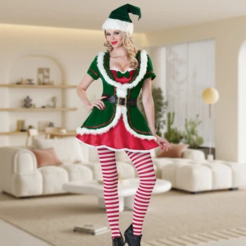 Мужской Женский Рождественский набор из 5 предметов, Праздничный стиль, мужской Женский костюм Санта-Клауса Elf Deluxe, эластичный пояс с поясом, шляпа, одежда для отдыха