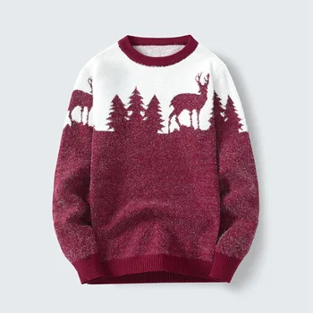 Мужской свитер, Рождественский свитер со снежинками и Маленьким оленем, Осенний Полый пуловер, Женский Круглый вырез, теплый рождественский свитер для пары, мужской