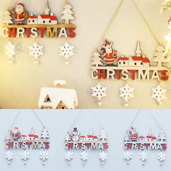 На деревянной Рождественской двери висит расписной Лось, Санта Клаус, Колокольчики в виде Снеговика, Подвесные украшения для рождественского декора дверей домашнего магазина