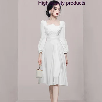 Новая весенняя Корейская вечеринка, Элегантные роскошные женщины 2023, Белое платье с квадратным вырезом и рукавом-фонариком