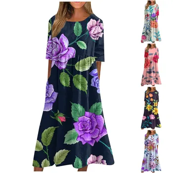 Платье женское Праздничное праздничное модное с цветочным принтом, круглый вырез, свободные женские летние платья 2023, распродажа Vestidos