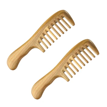Расческа для волос из натурального сандалового дерева с 2 широкими зубьями- деревянная расческа для распутывания волос без статики с гладкой ручкой