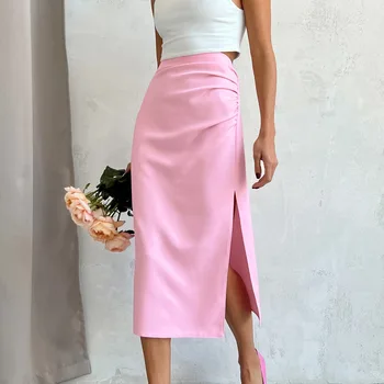 Розовые атласные шелковые юбки, Женская Корейская мода, Офисная длинная юбка с разрезом и высокой талией, Летняя элегантная Женская клубная юбка Maxi Sweet
